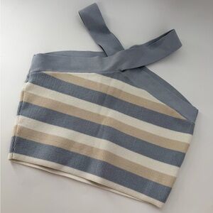 Aritzia Babaton Criss Cross Cropped Striped Ribbed Knit Tank Birch Cement Blue